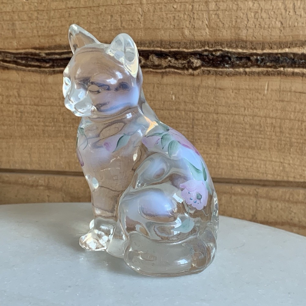 Fenton MCM Glass Cat‎ Hand Painted With Flowers Floral Design Opalescent 3.5" - Picture 2 of 8